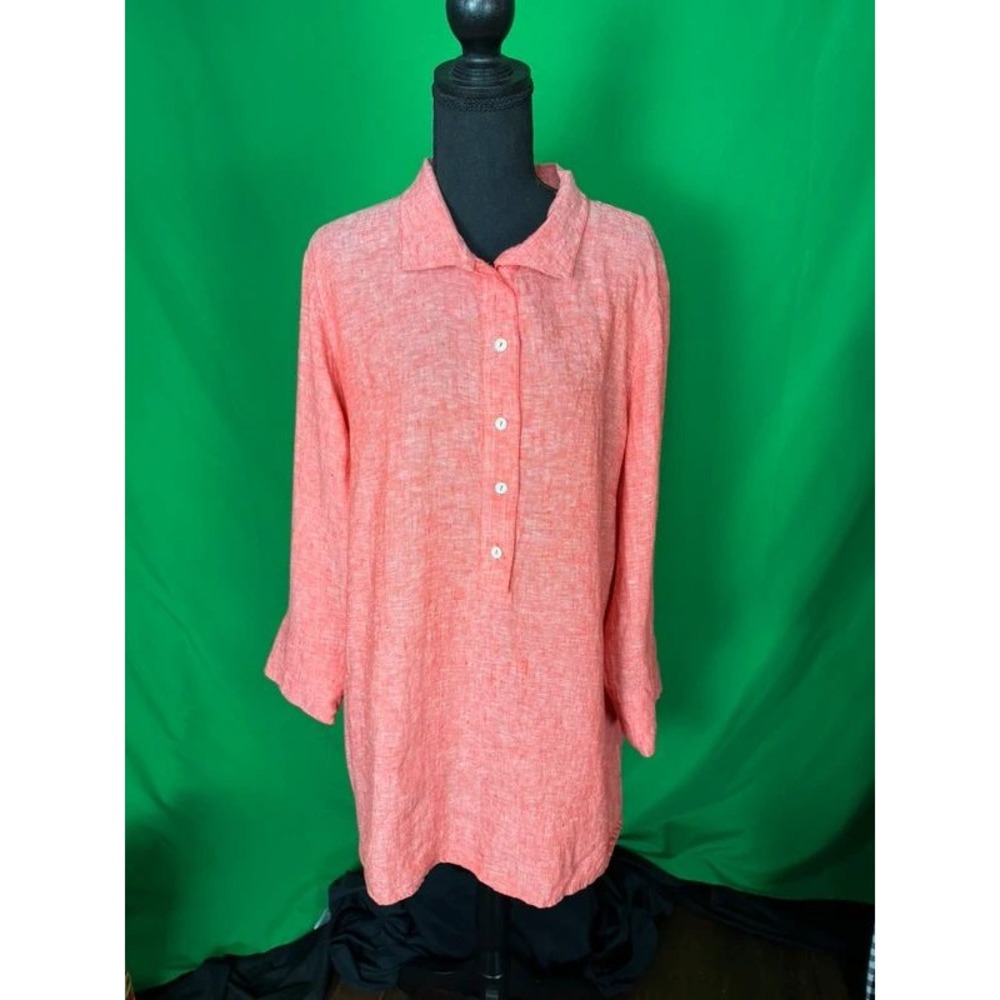Chico's Size 3 16/18 Coral 100% Linen Tunic Popover 3/4 Sleeve Shirt